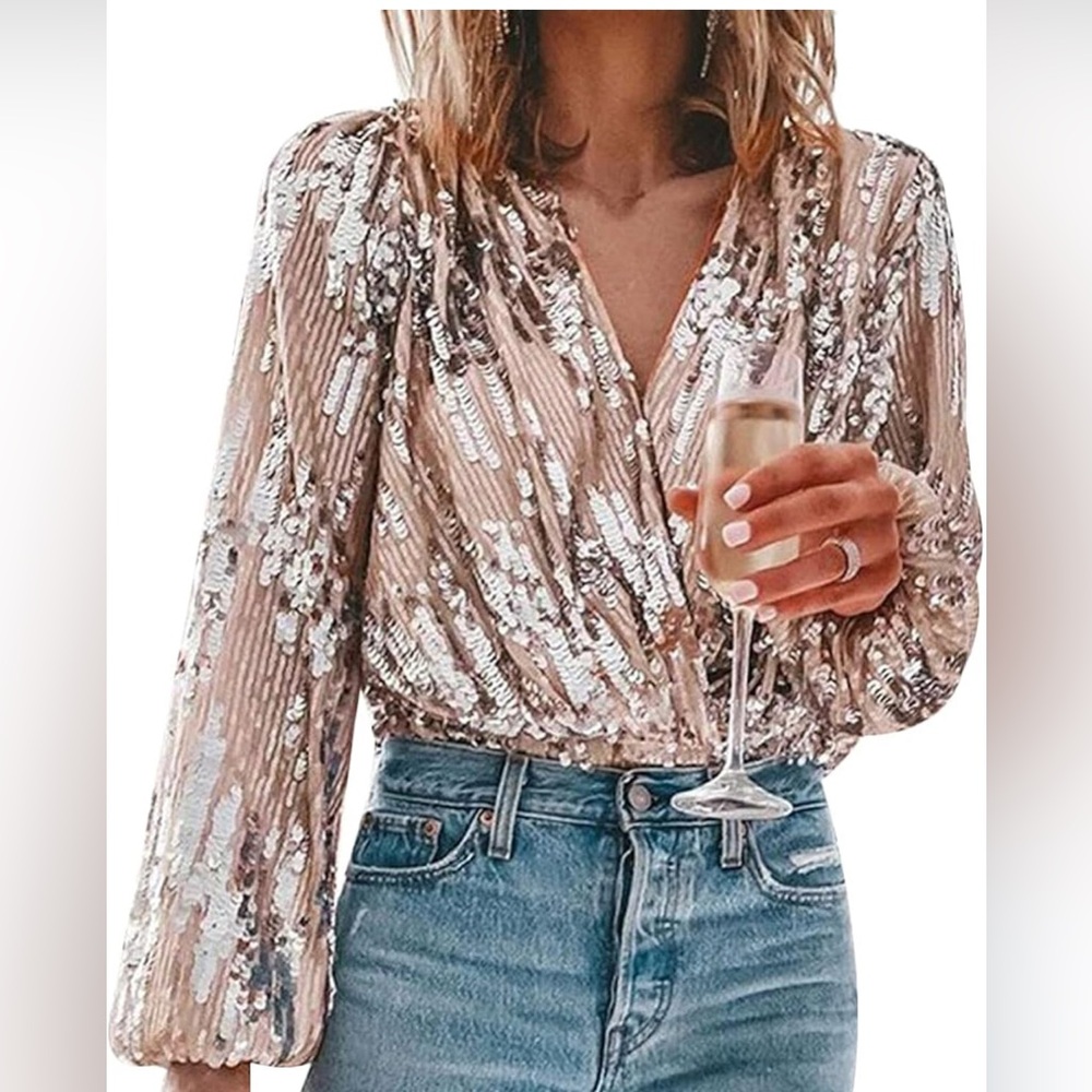 Gold and Silver Sequin Wrap Blouse Long Sleeve